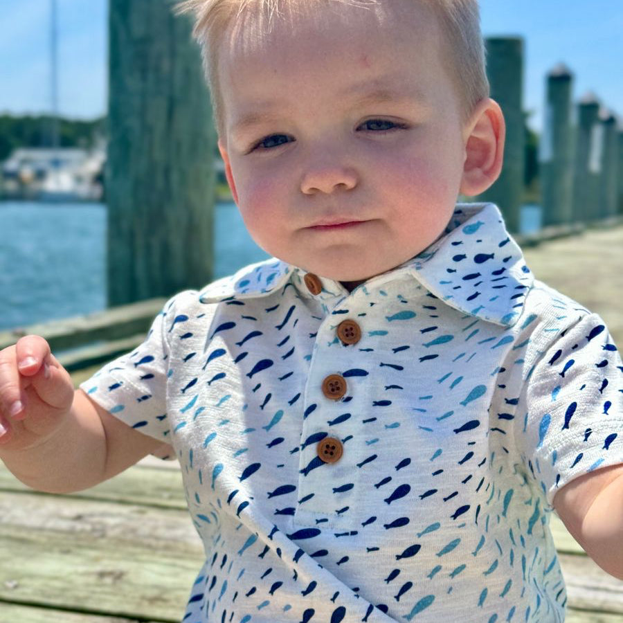Drift Navy Blue Fish Print Polo Romper for Baby Boys