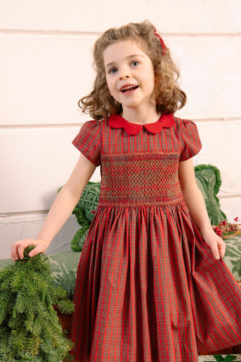 Marguerite Red Tartan Smocked Dress with Matching Bloomers – Holiday Collection