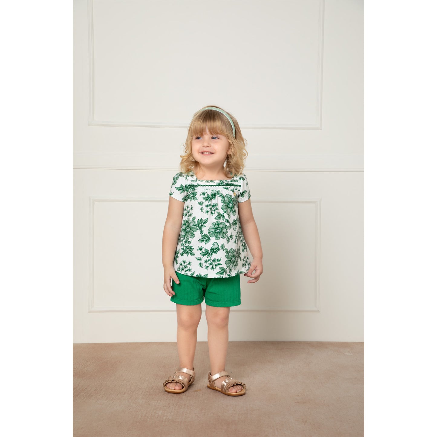 Girls’ White Blouse with Green Tropical Print and Shorts Set – Milon Brand