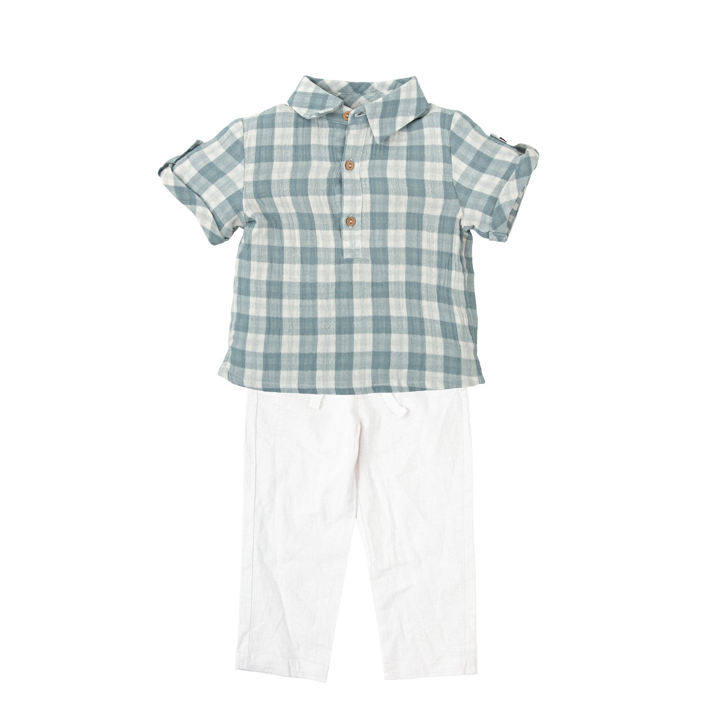 Luz Checkered Short-Sleeved Shirt & White Pants Set