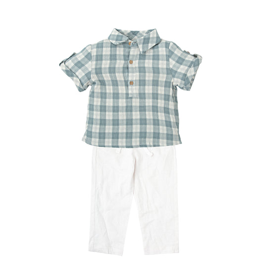Luz Checkered Short-Sleeved Shirt & White Pants Set