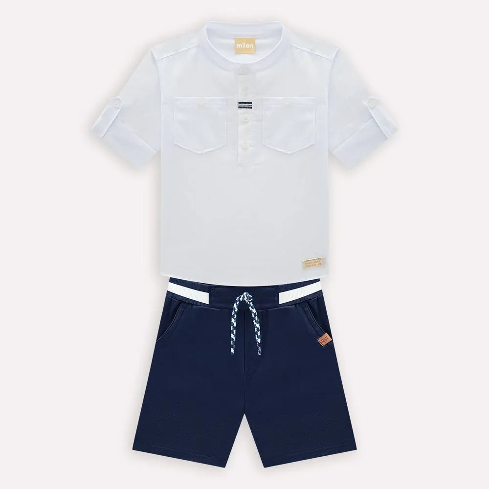 White Short-Sleeved Shirt and Navy Bermuda Shorts Set for Boys – Milon Brand