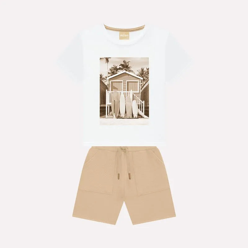 Boys' Tropical Surfing Bermuda Set – Khaki & White | Milon (2–14 Years)