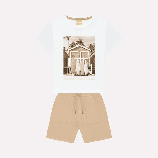 Boys' Tropical Surfing Bermuda Set – Khaki & White | Milon (2–14 Years)