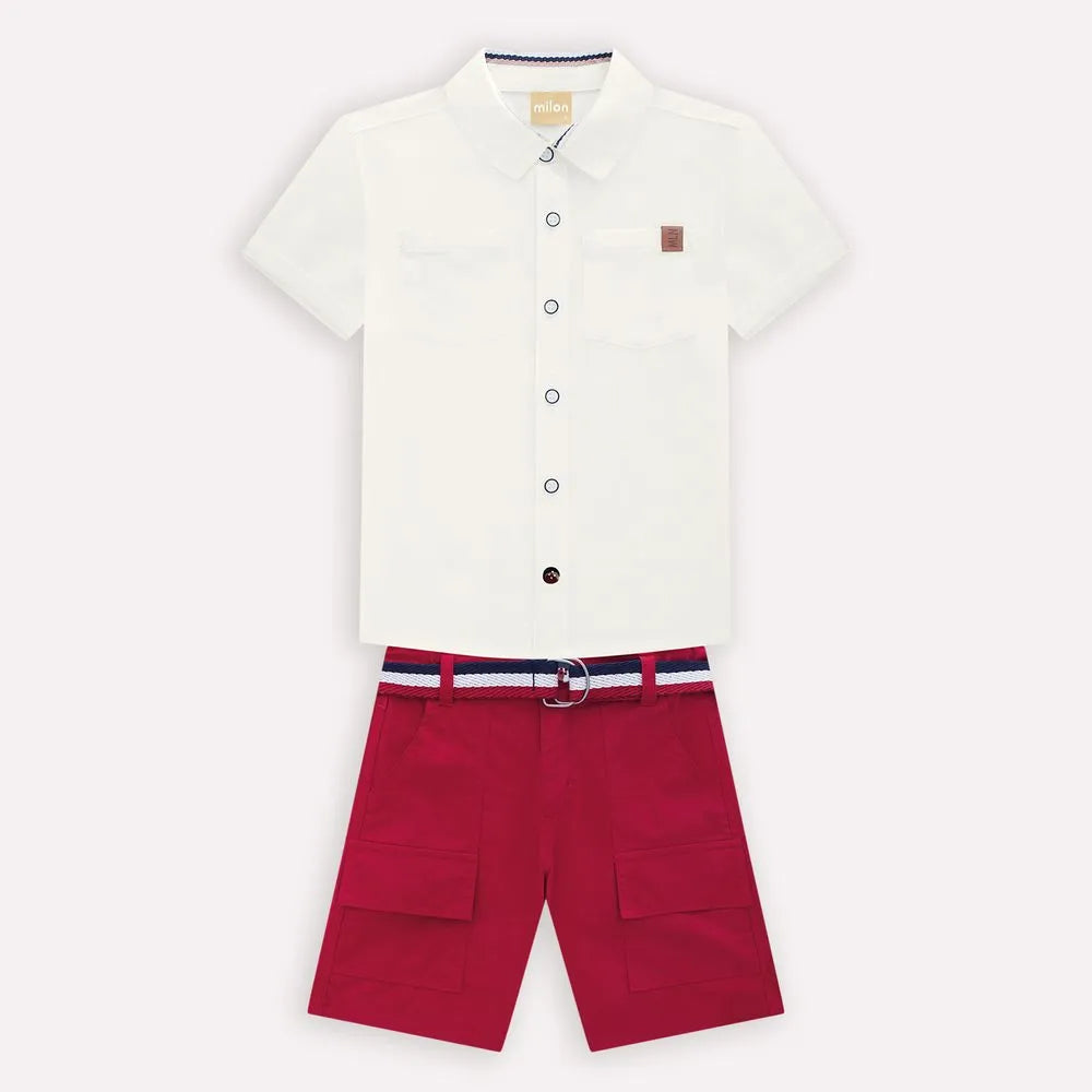 Boys’ White Button-Up Shirt & Red Bermuda Set with Belt – Milon