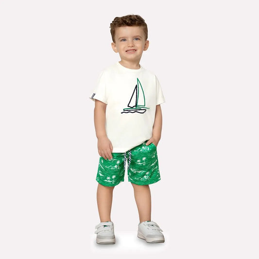 Green Printed Bermuda Shorts with Sailboat Design for Boys – Milon Brand