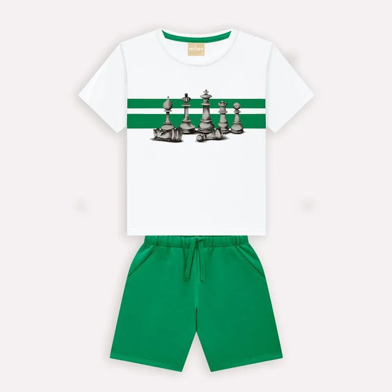 Boys’ Green Bermuda Set with Chess Piece Print T-Shirt – Milon (Toddler to Teen)