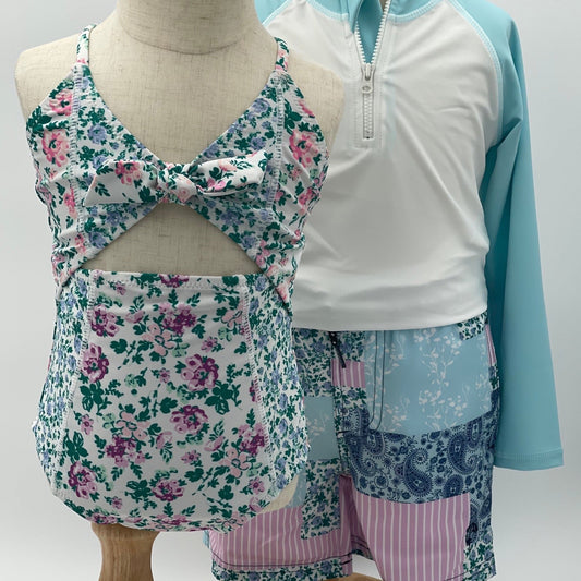 Blue Floral Patchwork Girls Monokini - Nico