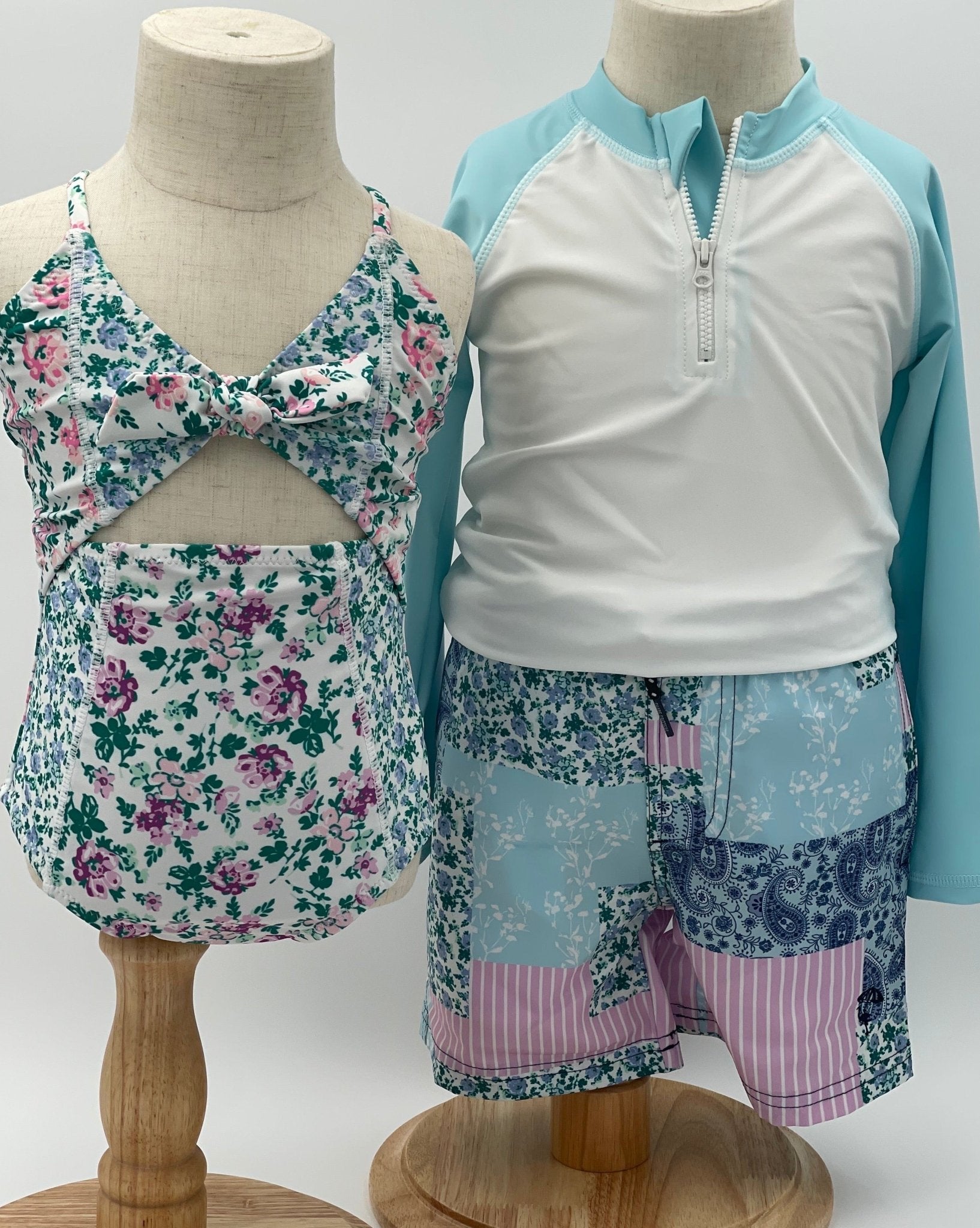 Blue Floral Patchwork Girls Monokini - Nico