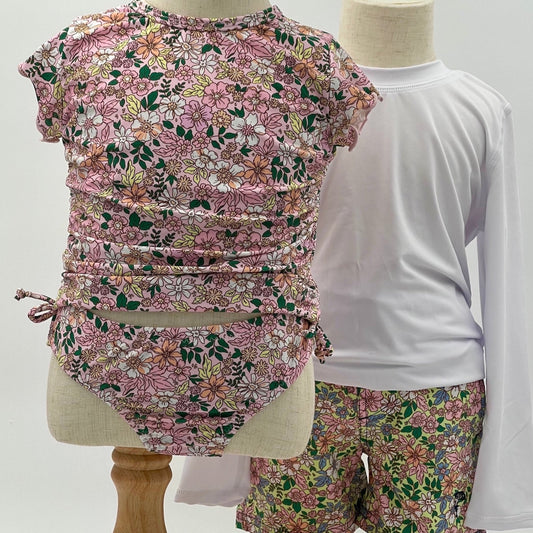 Pink Ditsy Floral Girls Two Piece Rashguard Swim Set - Nico