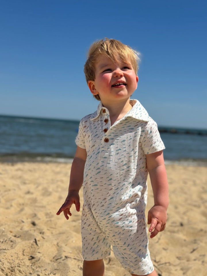 DRIFT Beige/Blue Fish Printed Polo Romper