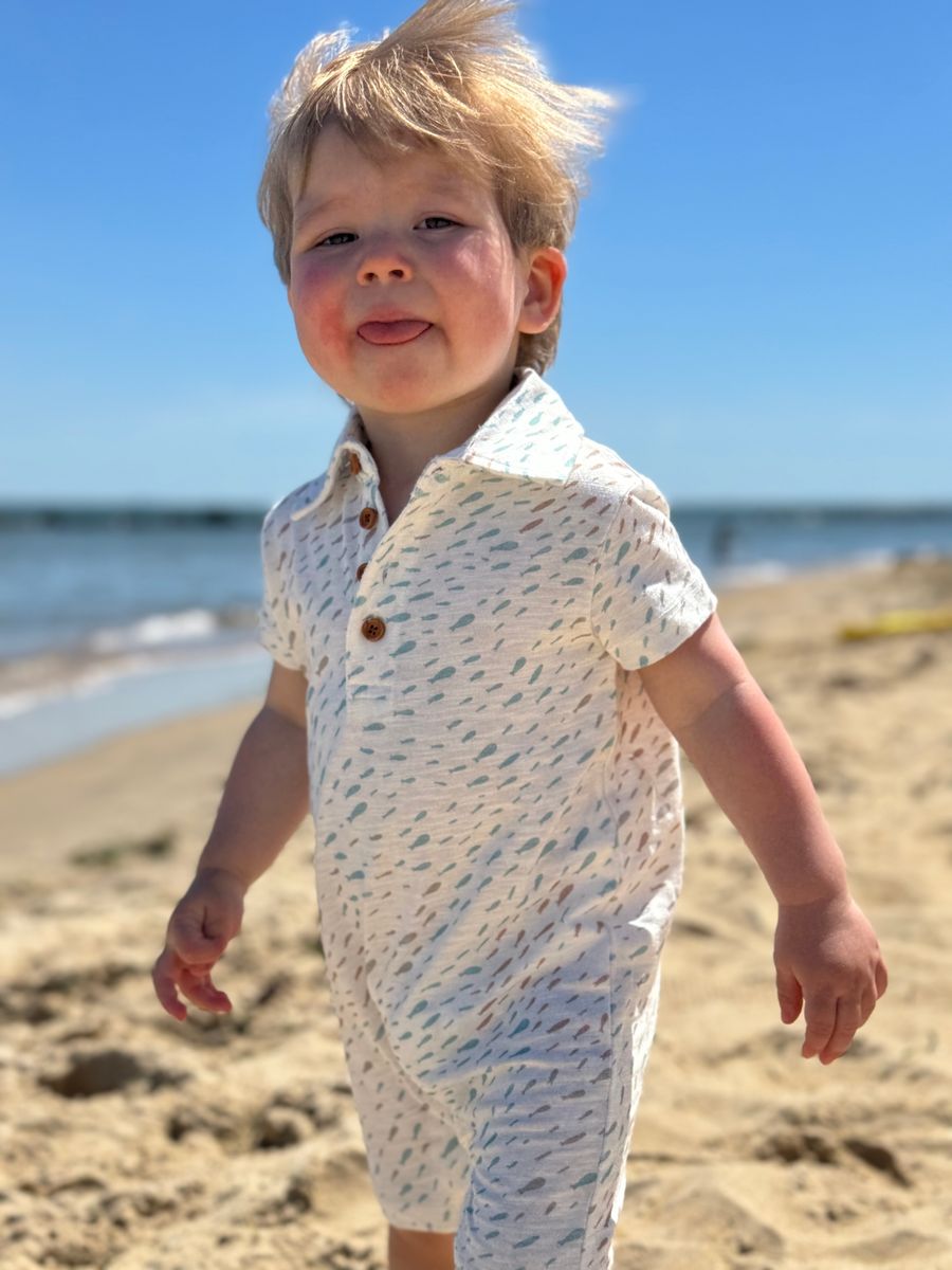 DRIFT Beige/Blue Fish Printed Polo Romper