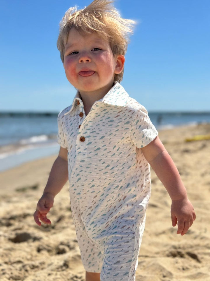 DRIFT Beige/Blue Fish Printed Polo Romper