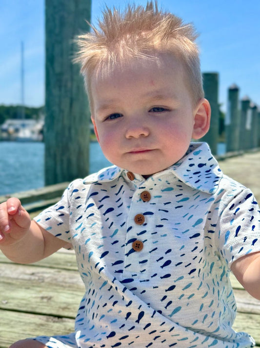 Drift Navy Blue Fish Print Polo Romper for Baby Boys