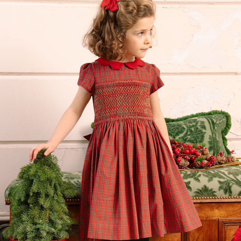 Marguerite Red Tartan Smocked Dress with Matching Bloomers – Holiday Collection
