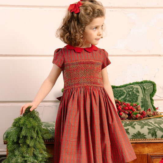 Marguerite Red Tartan Smocked Dress with Matching Bloomers – Holiday Collection