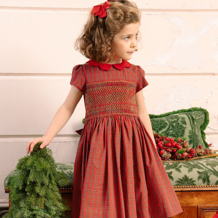 Marguerite Red Tartan Smocked Dress with Matching Bloomers – Holiday Collection