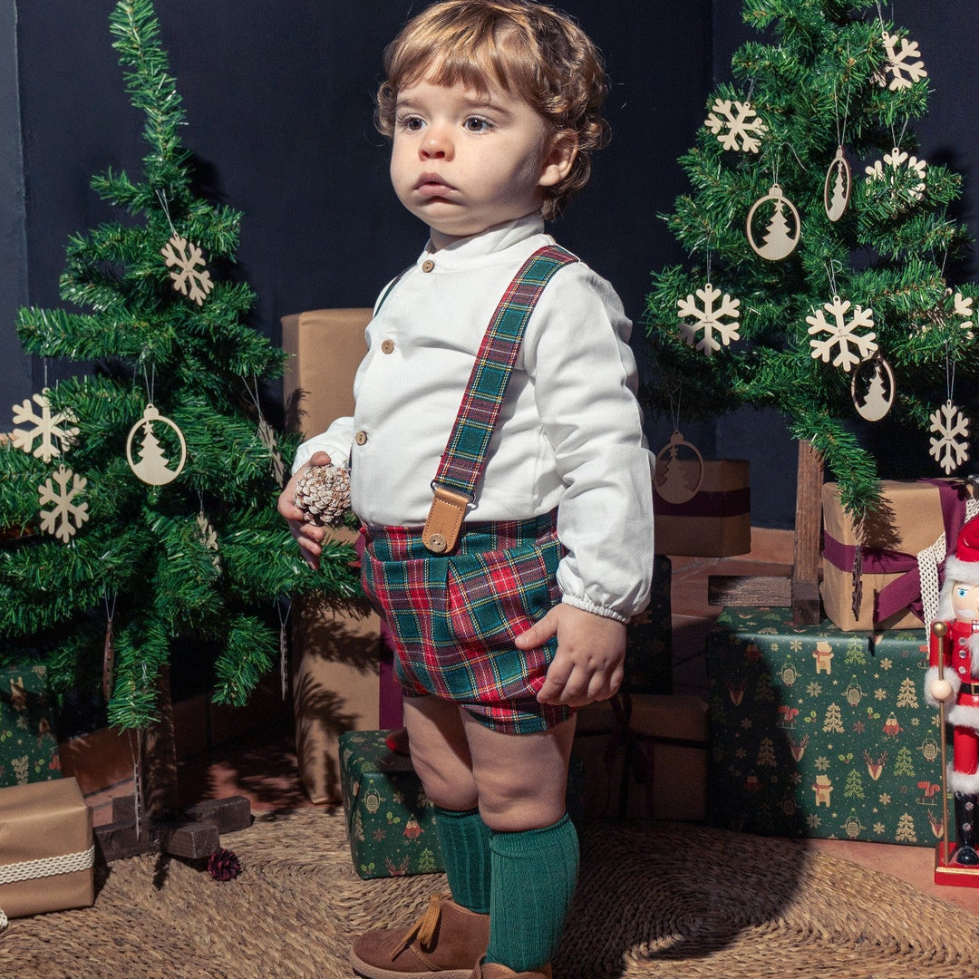 Polo Galerna Baby Boy Christmas Set – Made in Spain | 100% Cotton Shirt &amp; Tartan Suspender Shorts