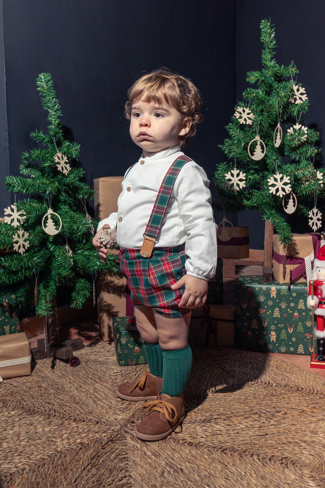 Polo Galerna Baby Boy Christmas Set – Made in Spain | 100% Cotton Shirt & Tartan Suspender Shorts