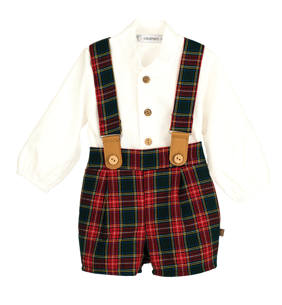 Polo Galerna Baby Boy Christmas Set – Made in Spain | 100% Cotton Shirt & Tartan Suspender Shorts