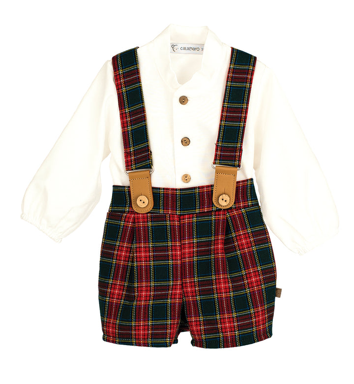 Polo Galerna Baby Boy Christmas Set – Made in Spain | 100% Cotton Shirt &amp; Tartan Suspender Shorts