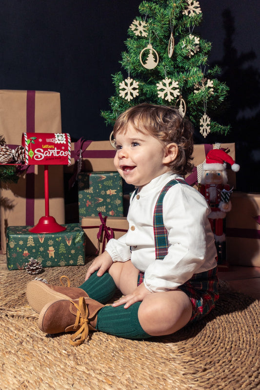 Polo Galerna Baby Boy Christmas Set – Made in Spain | 100% Cotton Shirt & Tartan Suspender Shorts