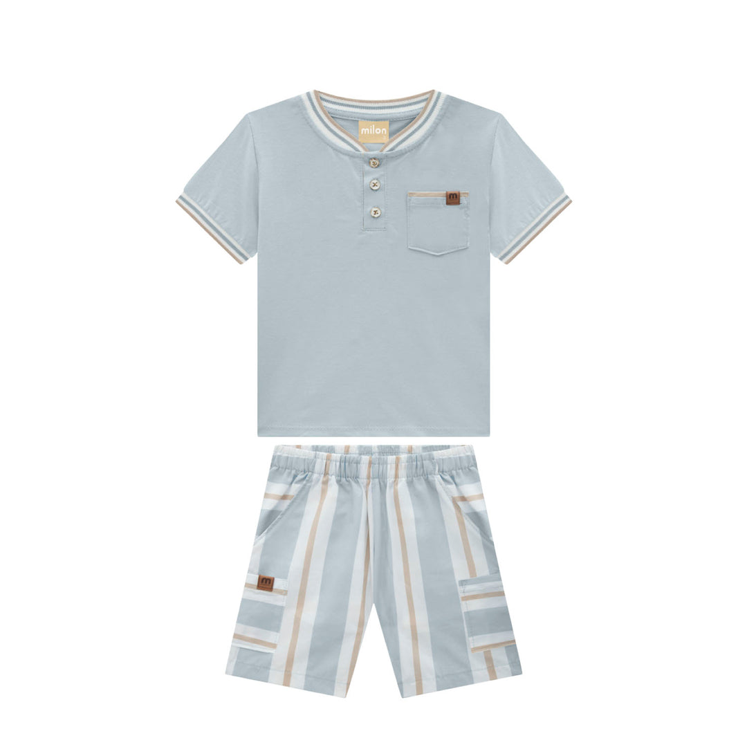 Milon Ice Blue Polo &amp; Striped Shorts Set for Boys