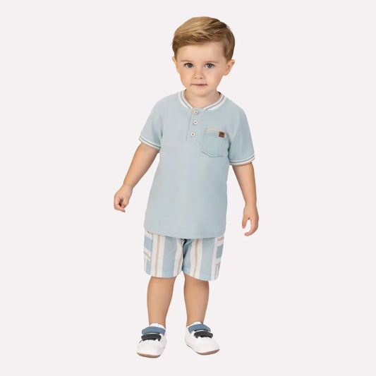 Milon Ice Blue Polo & Striped Shorts Set for Boys