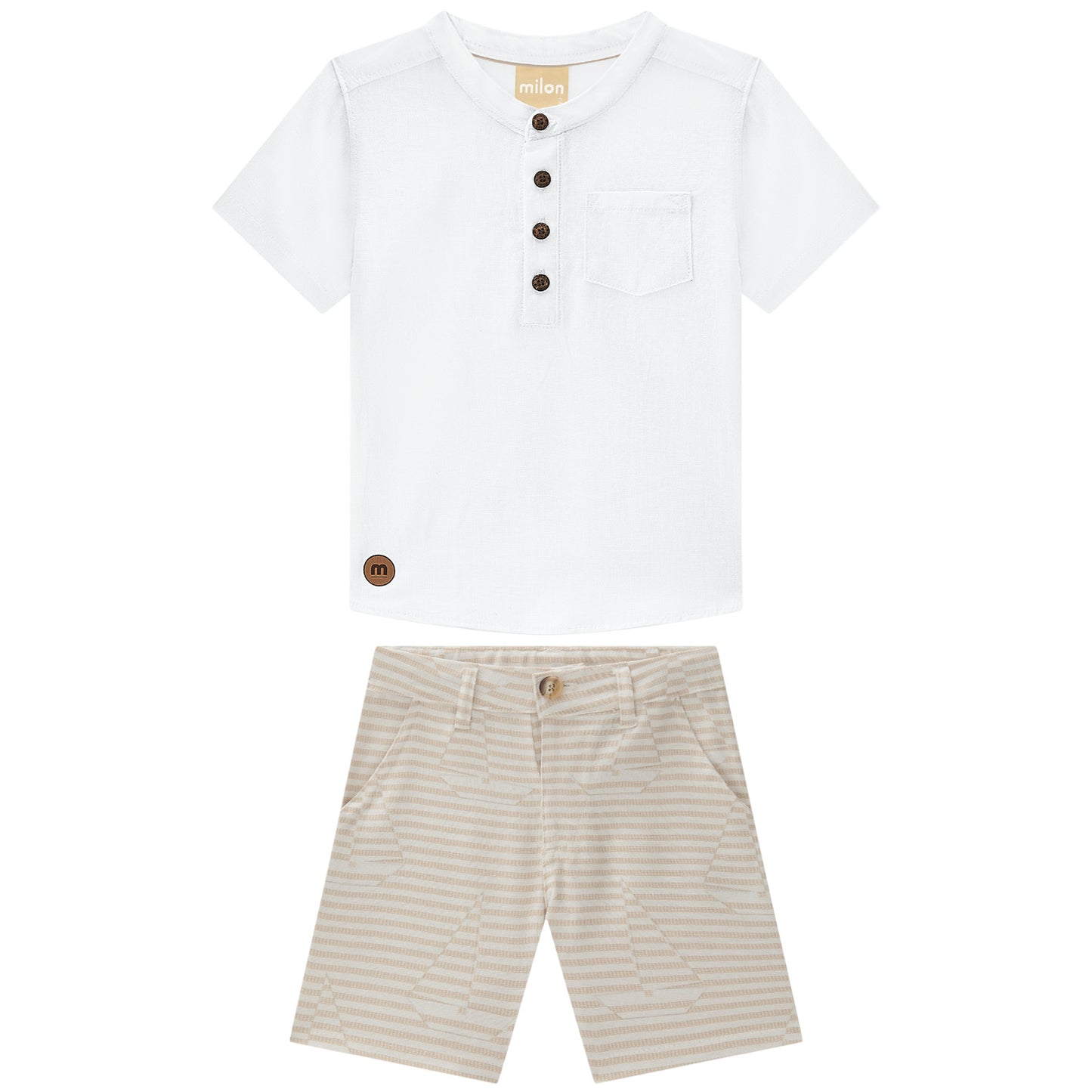 Boys White Henley & Beige Striped Bermuda Set