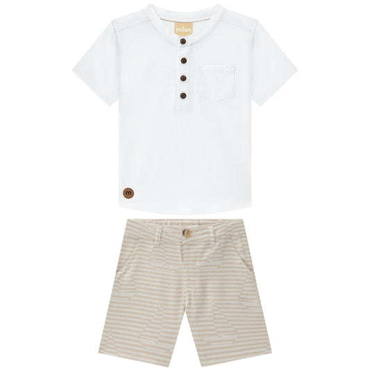 Boys White Henley & Beige Striped Bermuda Set