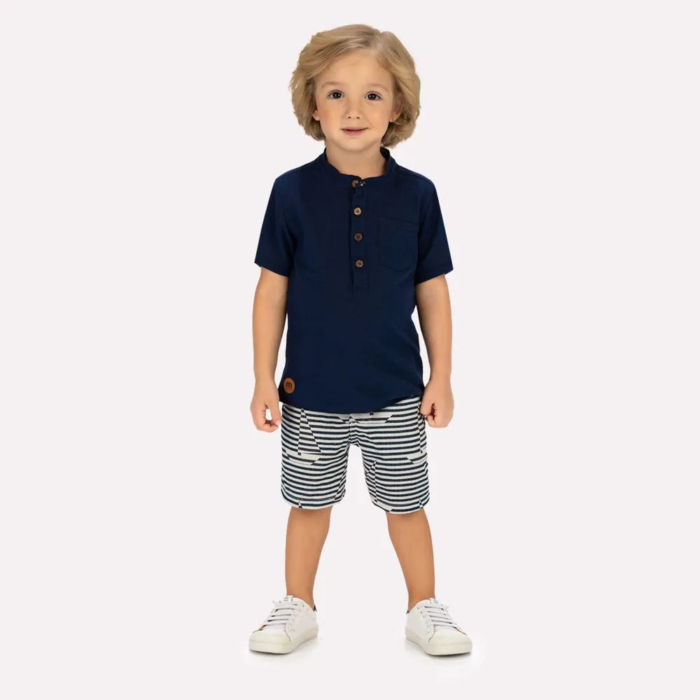Milon Navy Henley Tee & Striped Shorts Set for Boys