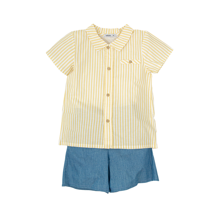 Raíz Collection Boys Two-Piece Set – Yellow Stripe Shirt &amp; Shorts | Made in Spain