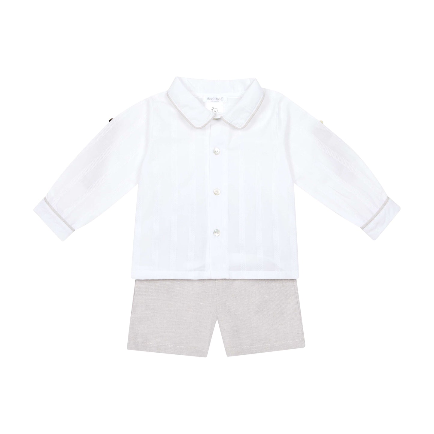 Deolinda Boys Long Sleeve Shirt & Shorts Set – White & Beige