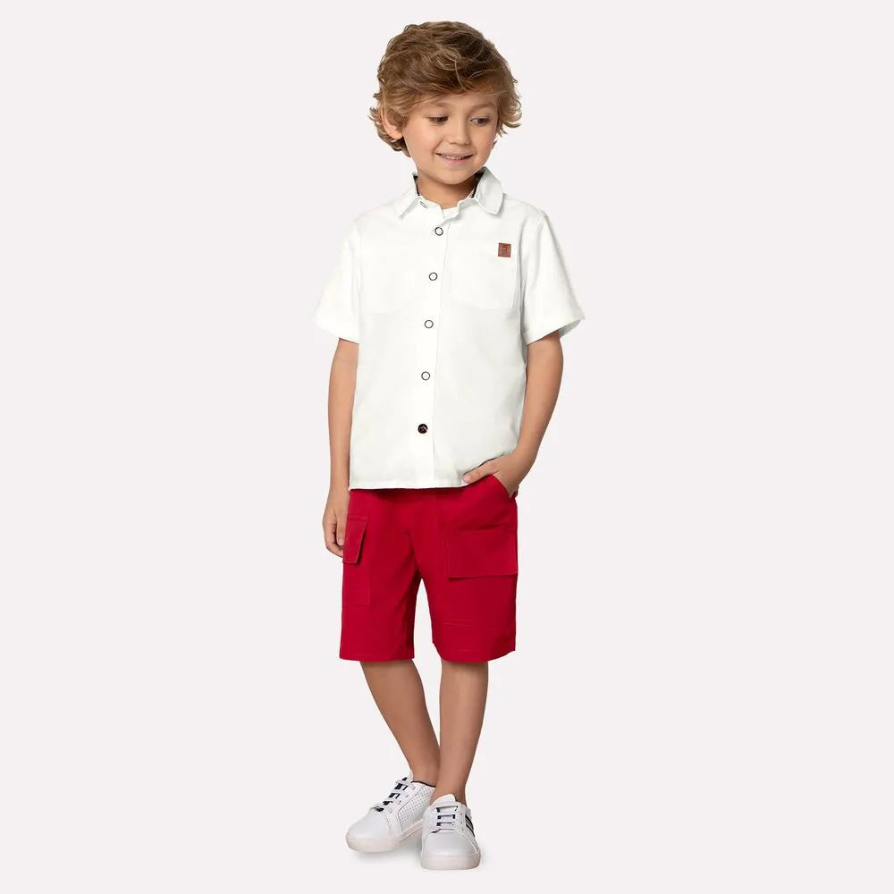 Boys’ White Button-Up Shirt &amp; Red Bermuda Set with Belt – Milon