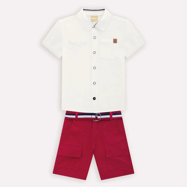 Boys’ White Button-Up Shirt &amp; Red Bermuda Set with Belt – Milon