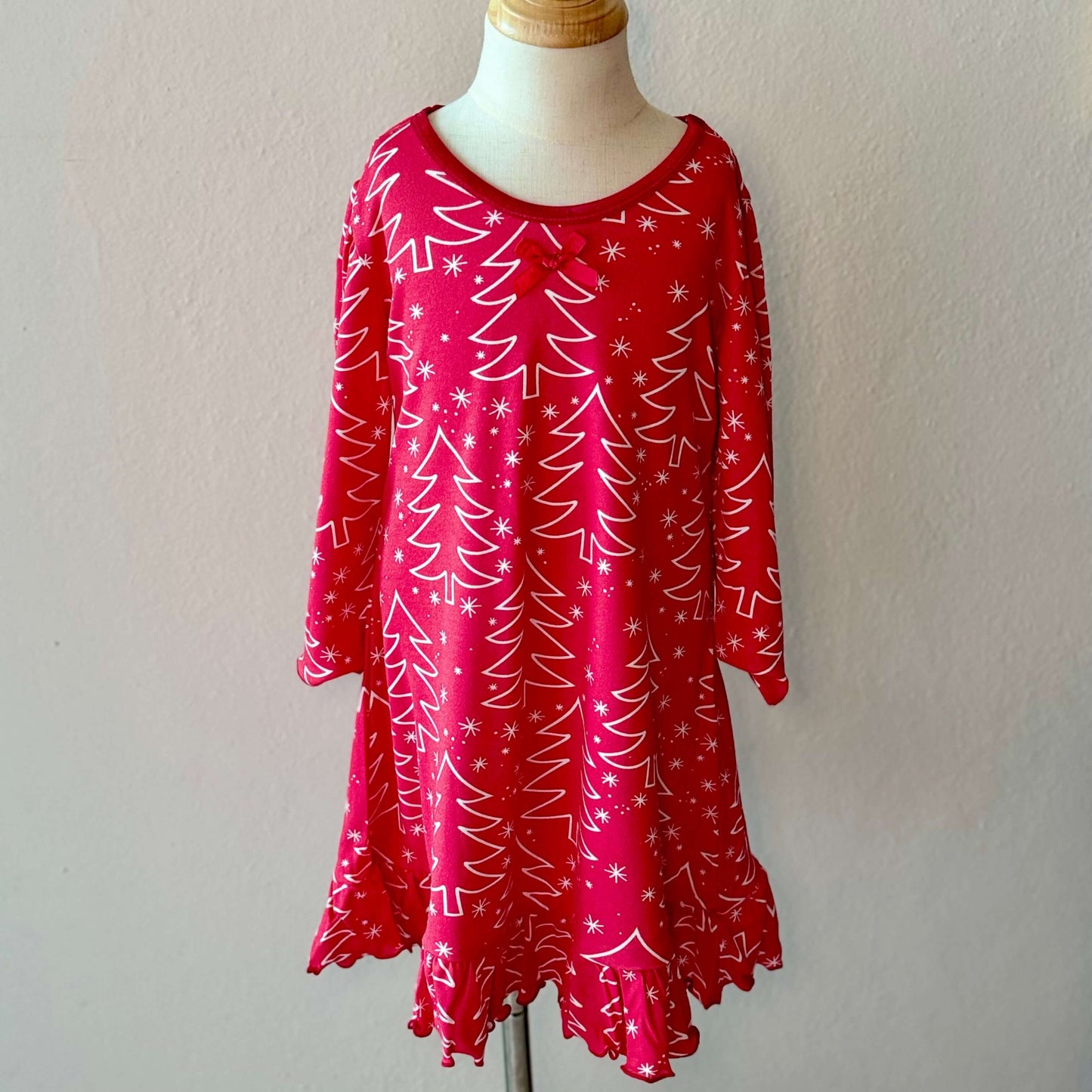 Long Sleeved Nightgown Red Trees for Girls