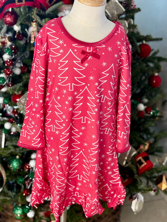 Long Sleeved Nightgown Red Trees for Girls