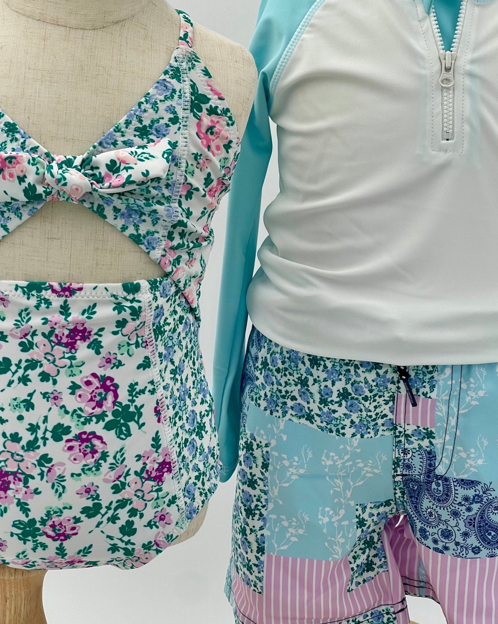 Blue Floral Patchwork Girls Monokini - Nico