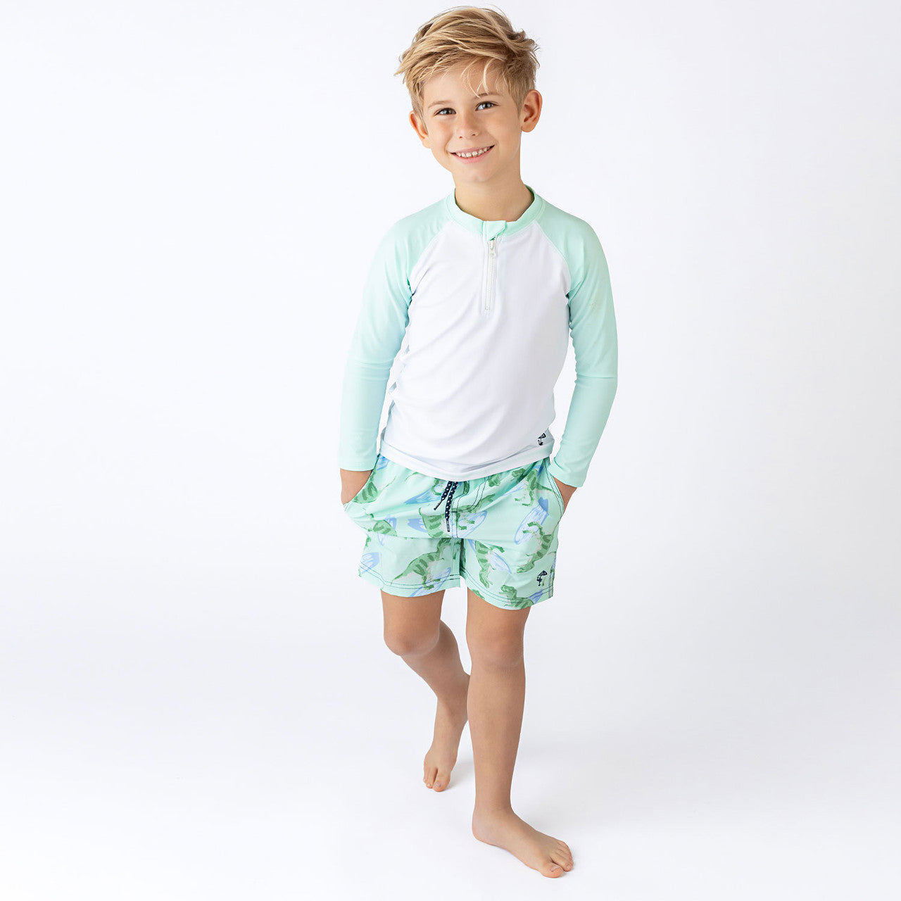 Surfin Dino Mint Swim Trunks