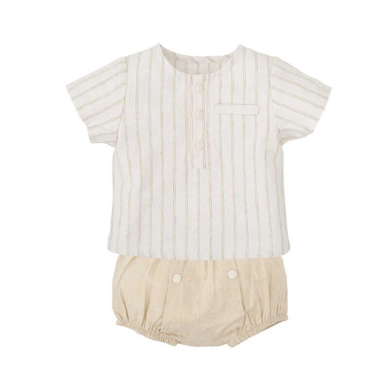 Linen Beige Striped Short Set - Nico